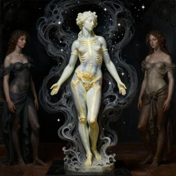 The dark room without doors and windows with beautiful full-body wax sculpture of the glowing woman with visible golden bones inside her in the singularity where stars becoming baroque folds of dark matter by Michelangelo da Caravaggio, Nicola Samori, William Blake, Alex Grey and Beksinski, dramatic volumetric lighting, super detailed oil painting, 8k, masterpiece