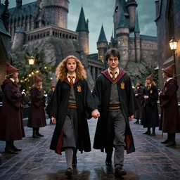 harry potter and hermione hand in hand walking in hogwarts yard, elves around, lovely, lightly dark theme, harry potter theme, by greg rutkowski, trending on artstation