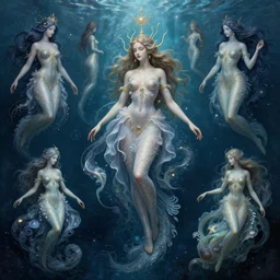 collection of beautiful celestial females creature under water by James Jean, intricate, elegant, highly detailed, centered, digital painting, artstation, concept art, smooth, sharp focus, illustration, by Peter Mohrbacher, WLOP