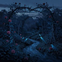 a surreal small twilight creek - garden, rose - brambles, lambent - birds, serene overcast atmosphere, midnight - blue, blue - black, cel - shading, cinematic, edge - to - edge print, rendered by studio ghibli, alyssa monks, andreas rocha, david kassan, neil blevins, tuomas korpi, artgerm