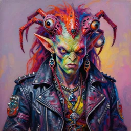 portrait of a scifi apocalyptic demonic orc goblin mutated biker character, multiple faces, mutated spider eyes, too many eyes, cool pose, psychedelic vibrant colors, futuristic punk rock fashion, oil painting by michael whelan art, sharp focus, realistic, detailed eyes, 8 0 s hair, studded leather jacket, 8 k