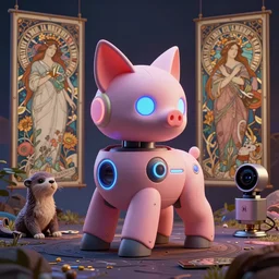 product photo of a futuristic stylized pet robot, kindchenschema, by artgerm and greg rutkowski and marc newson and zaha hadid, alphonse mucha, zaha hadid, samsung apple webcam, sci - fi, matte, neon, kitten puppy pig otter fennec inspired. side view, volumetric light, detailed, octane render, midsommar