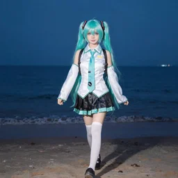 photo of hatsune miku cosplayer takes a walk on late evening beach, f 2,4
