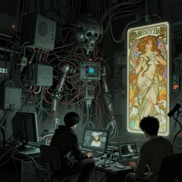 take a journey through a computer's nightmare, hyperdetailed, 4 k, trending on artstation, dark and gloomy, cinematic, machines and wires, by artgerm, yoshitaka amano, moebius, alphonse mucha, h. r. giger