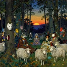 autochrome of a midsummernight's dream renaissance forest festival at sunset with masks of wolves and sheep in the style of, jugendstil, alma tadema, maxfield parrish, maurice sendak, classic japanese prints