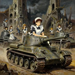 baroque oil painting of key visual environment concept art of anime maids riding early tanks in the great war, brutalist fantasy, rule of thirds golden ratio, fake detail, trending pixiv fanbox, acrylic palette knife, style of makoto shinkai ghibli takashi takeuchi yoshiyuki sadamoto jamie wyeth james gilleard greg rutkowski chiho aoshima