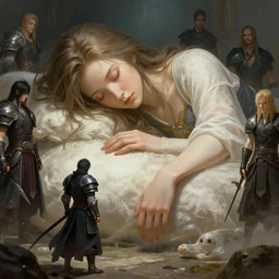 a fancy portrait of a sleeping giant female being guarded by a small worrior by Greg Rutkowski, Sung Choi, Mitchell Mohrhauser, Maciej Kuciara, Johnson Ting, Maxim Verehin, Peter Konig, final fantasy, Marco lense , 8k photorealistic, cinematic lighting, HD, high details, atmospheric , trending on artstation