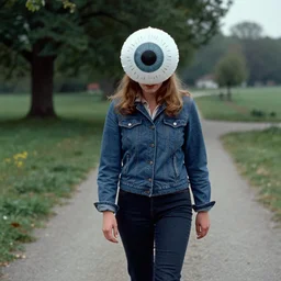A depressed woman wearing an inflatable eyeball, walkingn down a path, Cassavetes film still, color 1970
