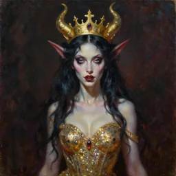 a painting of a female demon with a gold crown, glitter dress, a character oil on canvas portrait by gerald brom, masterpiece, fantasy art, grotesque, artstation hq
