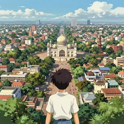 an anime character showing the viewer around hyderabad, amazing wide angle photograph of hyderabad, showing landmarks and sights, beautiful landscape photography in color, by anselm adams