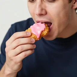 a man about to eat a chicken nugget with pink sauce on it