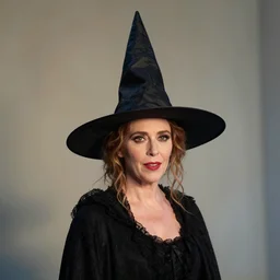 miriam margolyes wearing a black witch's dress and tall pointed black witch's hat.