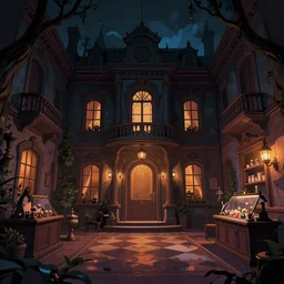 dark shop interior at night illustration in style of mansion of madness, smooth at edges and sharp at center, colorfull, digital art, by John Pacer