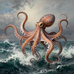 giant octopus with huge tentacles dancing above the waves of an angry ocean, by jmw turner