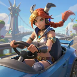 irelia from leauge of legends driving a car near a bridge, high details n - 9
