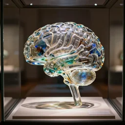 a brain made out of glass, color photograph, museum display case