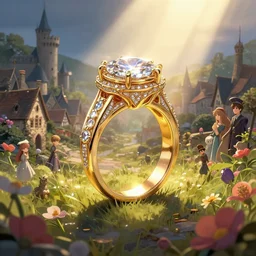my precious! - the ring flashes high against the backdrop of a medieval village in england, ornate, beautiful, atmosphere, vibe, flowers, concept art illustration, color page, 4 k, tone mapping, doll, akihiko yoshida, james jean, andrei riabovitchev, marc _ simonetti, yoshitaka amano, digital illustration, greg rutowski, volumetric lighting, sunbeams, particles
