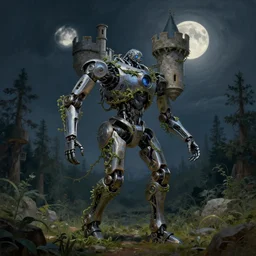 a walking mechanical castle with legs, vines, forest, hyperrealistic, highly detailed, cinematic, single ray of moon, dark sky, beautiful, cgssociety, artstation, 8 k, oil painting