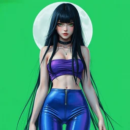 girl, longest black hair, blue latex pants, purple croptop, two moons, acid green background. highly detailed, digital painting, watercolor, engraving, artstation, concept art, smooth, sharp focus, vivid grunge, manga, illustration, unreal engine 5, 8 k, art by bilibin and kilian eng and kuvshinov and malevich and mucha