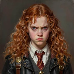 portrait painting of a scowling dieselpunk hermione granger, sharp focus, award - winning, trending on artstation, masterpiece, highly detailed, intricate. art by josan gonzales and moebius and deathburger