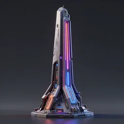 3 d sculpt environment building prop, star citizen, halo, mass effect, artstation unreal of a technological device in the shape of an industrial angular tower vertical neon