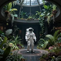 An astronaut alone inside an empty dark flooded ballroom overgrown with aquatic plants by Greg Rutkowski Thomas Kincade