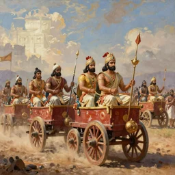 8k realistic painting of vedic aryans in their war chariots