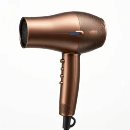 bronze hair dryer, high detail macro photography, isolated on a pure white background, centered, entire object in frame, sharp focus, soft studio lighting