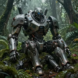 an intricate concept art of a military pilot of giant mechanical robot resting in the rainforest, sci - fi film color palette, concept art, environment design, vfx, unreal engine 5, artstation, deviantart, octane render, cinematic, michael bay film inspired