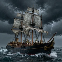 skeletons on a ship during thunderstorm on a turbulent sea, high detail!!!, hyperrealistic, mysterious, dark colors, dark background