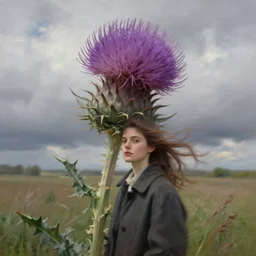 portrait, enormous thistle flower head, girl wearing a coat in field, surreal photography, wind, cloudy sky, dramatic light, impressionist painting, digital painting, artstation, simon stalenhag