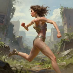 Portrait of Alexandra Daddario running away in a post apocalyptic world, in motion, overgrown city, fantasy, high detail, elegant, digital painting, natural light, vibrant, intricate, textured skin, highly detailed, artstation, sharp, focus, illustration, by Anna Dittmann, Ilya Kuvshinov, Nikolay Makovsky