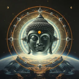 a solar system rotating around a biomechanical buddha head, volumetric lighting, volumetric shadows, symmetrical, intricate details, concept art, realistic oil painting by tim hilderbrandt,