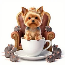 teacup yorkshire terrier sitting on throne, surrounded by many mouses, portrait art by donato giancola and greg rutkowski, realistic face, digital art, trending on artstation, symmetry