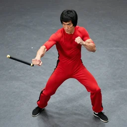 lean, fighter, in a red spandex suit, pose, stance, fight, man, with batons, standing, streetfight, 3 / 4 angle top down, fighting style, top view camera, bruce lee, lean muscles, skinny body, action, upright pose, slightly crouched, 5'1 0 tall, striking a punch, daredevil