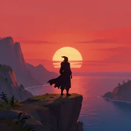 A wizard overlooking the scenery from a cliff, sunset, red sky, beautiful mountains, sea, digital art, WLOP, CGSociety, fantasy art, Mandy Jurgens