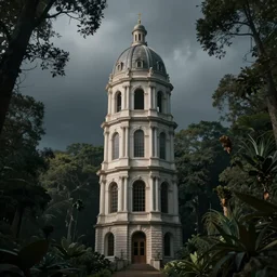 a neoclassical tower with dome on a magical gloomy mystical forest. by frank lloyd wright