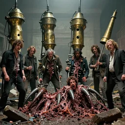 movie still of 4 brass tongue machines destroyed & macerated by gangrene jack gaughan, virgil finlay, alberto bontempi, shigeru komatsuzaki, wayne d barlowe, alex ross, simon bisley & boris vallejo, enric torres, hyper realism, cinematical, narrative light, muted colors, epic, hyper detailed, awe inspiring, award