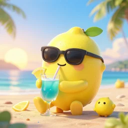 3 d octane render of a cute smiling chibi lemon head character drinking a delicous caribbean drink, wearing sunglasses relaxing on a tropical beach at sunrise