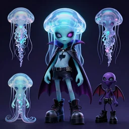 lisa frank gothic emo punk vampiric rockstar vampire squid with transparent jellyfish skin character designs of various shapes and sizes by genndy tartakovsky and splatoon by nintendo for the new hotel transylvania film starring a vampire squid cthulu kraken monster rockstar wearing a bat shaped poncho cape with platform shoes
