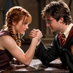 Katniss Everdeen arm wrestling Harry Potter, Greg Rutkowski, Artstation, intricate, sharp focus