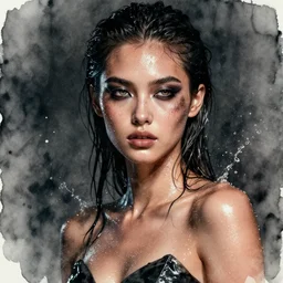 fierce glossy wet fashion model, smudged makeup, water splashing, effervescent, sweat skin, liquid metal skin, dark, poster art, ultradetail, hyperrealistic illustration, watercolor, deep mood, hyperrealism, 3 d, in the style of irakli nadar,