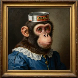 a monkey wearing a tin can for hat and disney shirt, renaissance frameless oil painting rembrandt