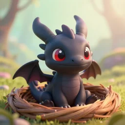 a portrait of a cute happy tiny black chibi dragon cub inside a nest, red eyes, artstation, by magali villeneuve, by greg rutkowski, depth of field, beautiful lighting, pastel colors, bokeh, fantasy art