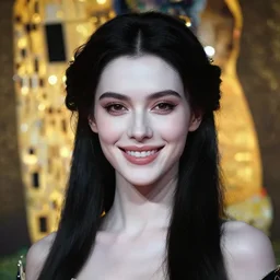 portrait of a smiling, beautiful, pale skin eastern european female with long black hair, dark brown eyes, elegant clothing, photorealistic, highly detailed, artstation, smooth, sharp focus, gold ornaments, neon lighting, sci - fi, art by gustav klimt, artgerm, greg rutkowski and alphonse mucha