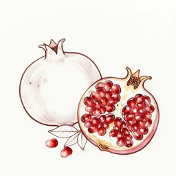 a line drawing of two pomegranates, one is split open, and there are pomegranate leaves