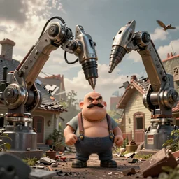 huge mechanical drill arms on a tiny grumpy chunky bald handyman with mustache, in a wrecked home, full body, hyperrealistic digital art masterpiece, highly detailed neo pop surrealism, jason limon kay sage hannah yata, dramatic lighting, low angle, uhd 8 k, sharp focus