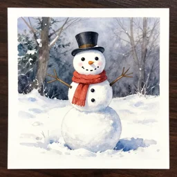 greeting card artwork, watercolor painting of a snowman outdoors in the snow in the style of thomas kinkade