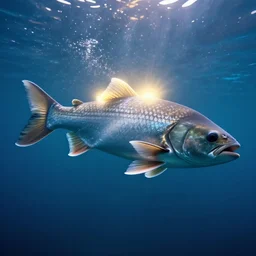 a giant fish swimming through the air, glowing from behind