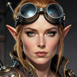 head and shoulders portrait, female artificer, gray eyes, welding goggles on forehead, emily blunt, elf, d & d, steampunk, by donato giancola, facial detail, extremely detailed, comic book cover photo